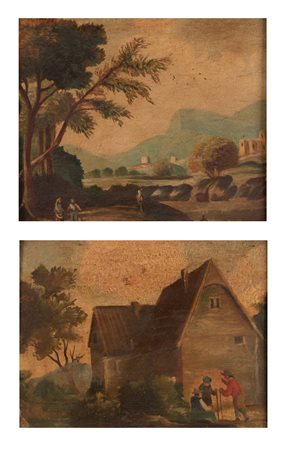 Pittore fiammingo attivo tra il XIX e il XX secolo ( - ) 
Coppia di dipinti raffiguranti paesaggi XIX secolo
olio su tavola a) cm 20x25; con cornice cm 40x43. b) cm 21x27; con cornice cm 40x46