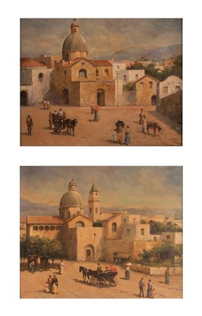 Scuola Napoletana XX secolo ( - ) 
Coppia di vedute di città dell'Italia meridionale 
olio su tavola cm 23x28