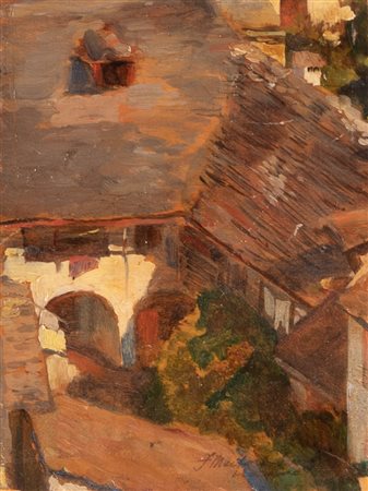 Filippo Marfori (Pesaro, 1877 - Firenze, 1952) 
Cortile di casa rustica a Locarno 
Olio su tavola cm 14,5x11; con cornice cm 29x25