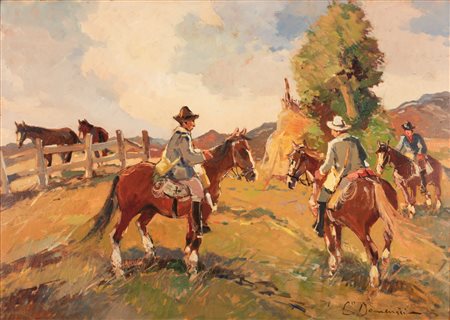Carlo Domenici (Livorno, 1897 - Portoferraio, 1981) 
Scena campestre con cavalli e cavalieri 
olio su tela cm 50x70