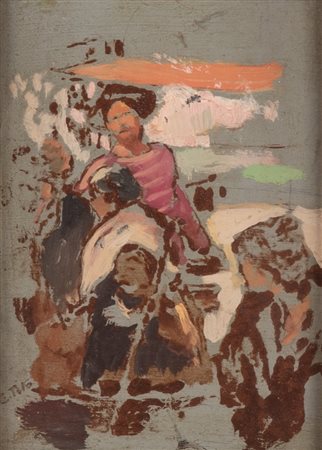 Ettore Tito (Castellammare di Stabia, 1859 - Venezia, 1941) 
Bozzetto raffigurante gondoliere 
Olio su tavola cm 14,5x10; con cornice cm 28x24