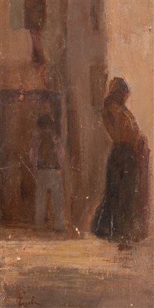 Francesco Gioli (Pisa, 1846 - Firenze, 192) 
La strada 
Olio su tavola cm 25x13; con cornice cm 45x34