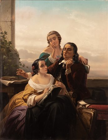 Pittore inglese del XIX secolo ( - ) 
Il precettore e le sue allieve 
Olio su tela cm 70x55; con cornice cm 84x70