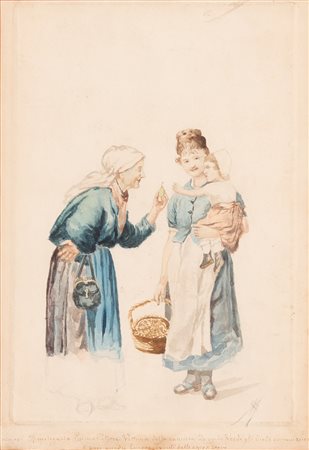 Giacomo Mantegazza (Saronno, 1853 - Cernobbio, 1920) 
Bozzetto raffigurante Le tre età 
Acquerello su carta cm 31x22; con cornice cm 50x38