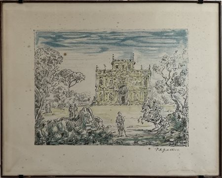 Giorgio de Chirico "Antichi cavalieri e villa" 1954
litografia a colori - prova