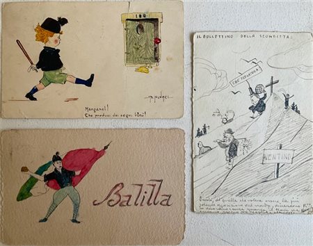 Bruno Munari tre cartoline di soggetto politico: due con immagini di Balilla ad