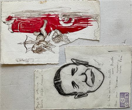 Bruno Munari due cartoline, una a china e acquerello su carta raffigurante auto