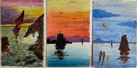 Bruno Munari tre cartoline a china e acquerello su carta raffiguranti velieri
cm