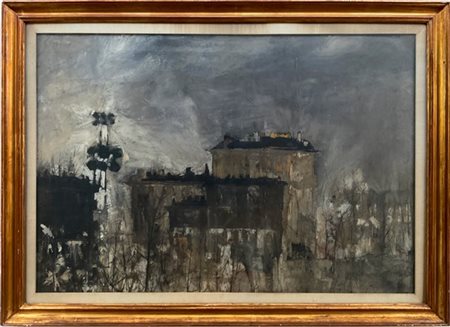Giancarlo Cazzaniga "Periferia" 1957
olio su tela
cm 70x100
firmato e datato in