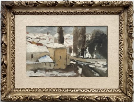 Carlo Mattioli "Paesaggio d'inverno" olio su cartone telatocm 26,5x41,5. In co