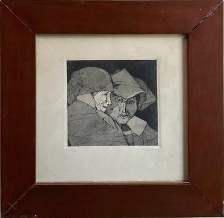 Karl Plattner "Due personaggi" 1973
acquaforte e acquatinta
(lastra cm 11x11,3;