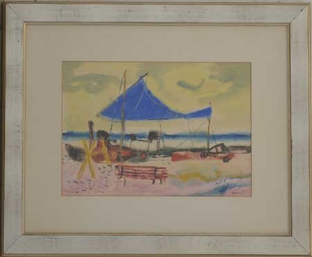 Enrico Paulucci "Tendone blu" 1977
guazza su carta
cm 34,9x50
firmato in basso a