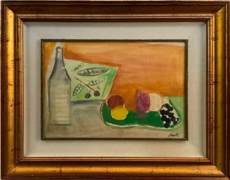 Bruno Saetti "Natura morta con frutta e bottiglia" 
acquerello su carta
cm 34x49