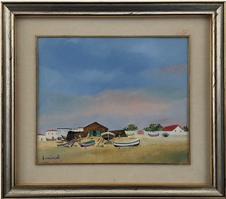 Giovanni Omiccioli "Cantiere navale a Scilla" 
olio su cartone telato
cm 45x55
f