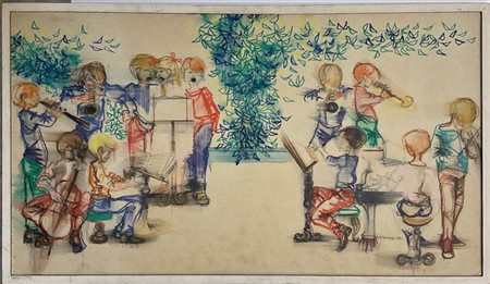 Maria Antonietta Gambaro "Bambini musicanti" 1966
disegno a tecnica mista su car