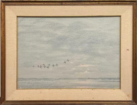 Ignoto "Stagno con anatre in volo", tecnica mista su carta
cm 48x68. In cornice