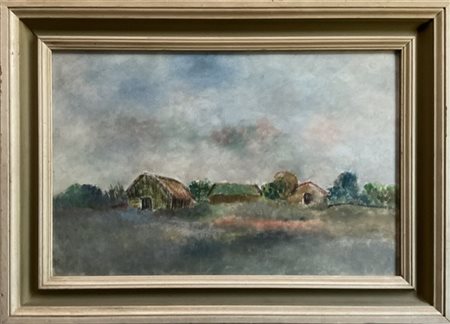 Giovanni Omiccioli "Capanno e baracche di pescatori" 
olio su cartone telato
cm