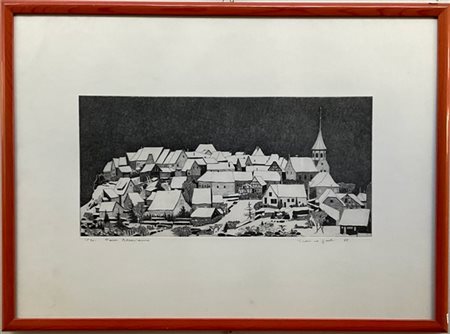 Federica Galli "Paese alsaziano" 1985
acquaforte
(lastra cm 22,8x48; foglio cm 4