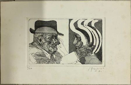 Firma indecifrata  "Senza titolo" 1971 acquaforte (lastra cm 13,8x21,5; foglio cm 23x36) 