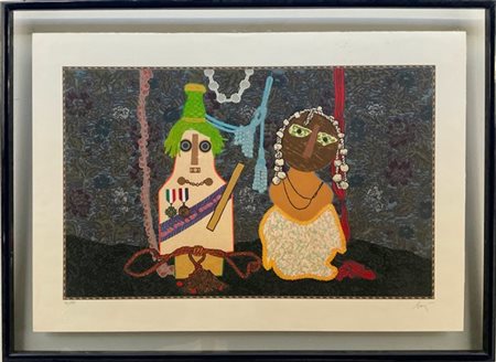 Enrico Baj "Coppia regale" 1989
serigrafia e collage su carta
cm 69,5x99,5
firma