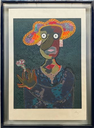 Enrico Baj "Personaggi" 
serigrafia e collage su carta
cm 99x69
firmata e numera