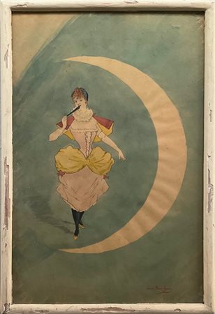 Firma indecifrata, "Donna con ventaglio", tecnica mista su carta (cm 45x29) Fir