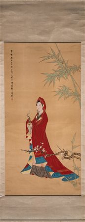  Arte Cinese - Dipinto su seta raffigurante con Guanyin con mantello rosso 
Cina, dinastia Qing, XIX secolo .