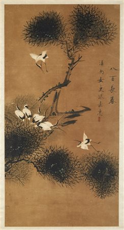  Arte Cinese - Dipinto in cornice con aironi 
Cina, dinastia Qing, XIX secolo.