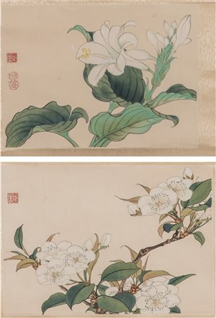  Arte Cinese - Coppia di dipinti su carta raffiguranti fiori 
Cina, tardo XIX secolo .