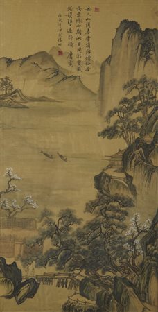  Arte Cinese - Dipinto su seta raffigurante paesaggio 
Cina, tardo XIX -  XX secolo .
