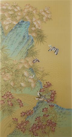  Arte Cinese - Dipinto su seta raffigurante uccelli e farfalle 
Cina, XIX - inizio XX secolo 
.