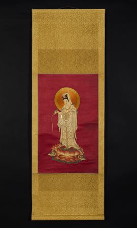  Arte Cinese - Ricamo in seta raffigurante Guanyin 
Cina, dinastia Qing, XIX secolo .