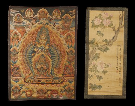  Arte Himalayana - Dipinto con fiori e thangka con divinità irata 
Cina e Nepal, XIX - XX secolo .