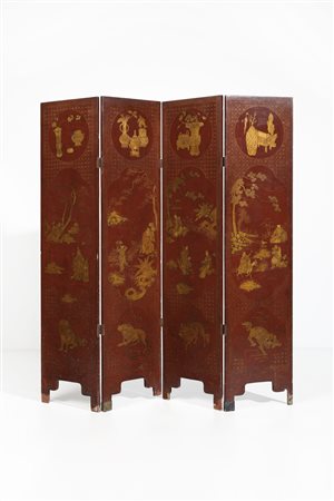  Arte Cinese - Paravento composto da quattro pannelli in lacca rossa 
Cina, dinastia Qing, XIX secolo .