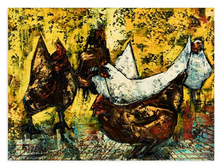 ANTONIO ATZORI (1939) - Galline sull'aia