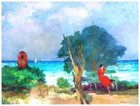 RENATO NATALI Livorno 1883 – 1979 Solitaria al mare Olio su cartone telato 40...