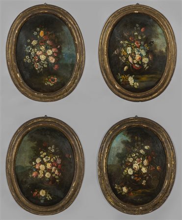 "Vasi di fiori" quattro olii di forma ovale, 