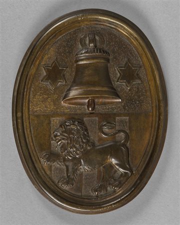Leone e campana, ovale in bronzo brunito, Veneto 
