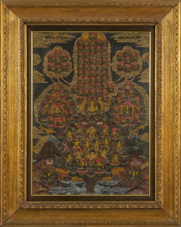 Tanka raffigurante tre Buddha tra le divinità, 