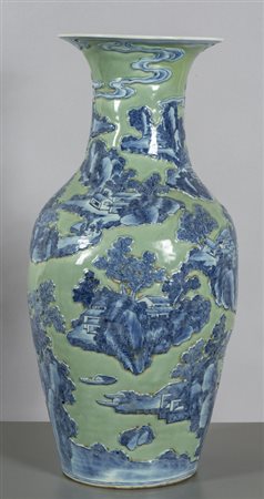 Grande vaso Celadon con decoro a paesaggi blu a 