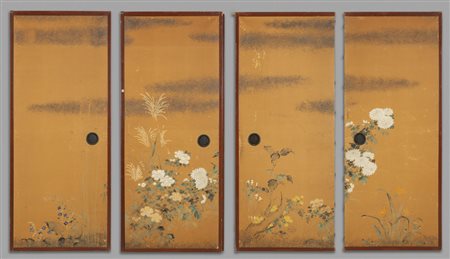 Quattro pannelli cinesi dipinti su carta adattati 