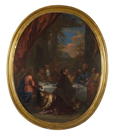 Scuola bolognese sec.XVII "Cena a Emmaus" olio di 