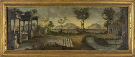 "Paesaggio con ponticello ed architetture" olio 