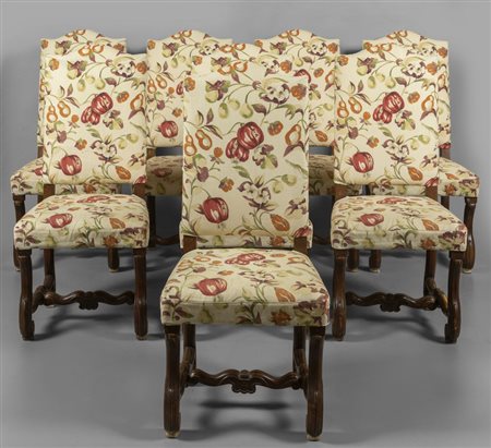 Otto sedie ad osso di montone in noce, schienale 