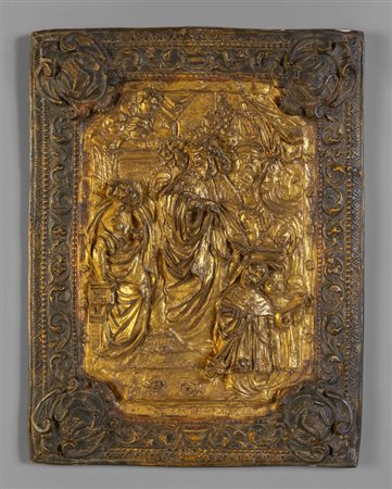 Placca in legno intagliato e dorato raffigurante 