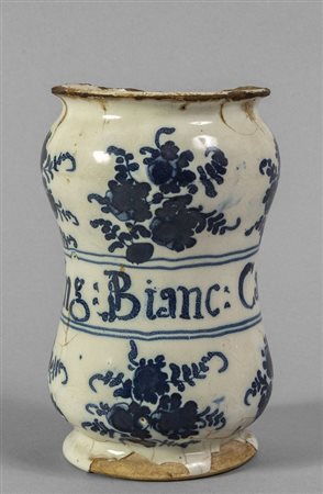Albarello in ceramica, decorazione bianca e blu a 
