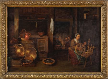 Scuola olandese "Interno con figure" olio su 