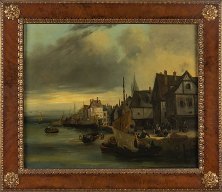 Scuola fiamminga sec.XIX "Veduta di porto" 