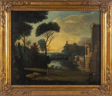 Scuola italiana sec.XIX "Paesaggio con fiume e 