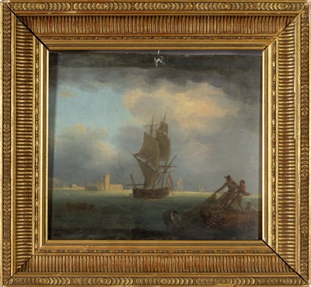 Scuola francese sec.XIX "Paesaggio marino con 